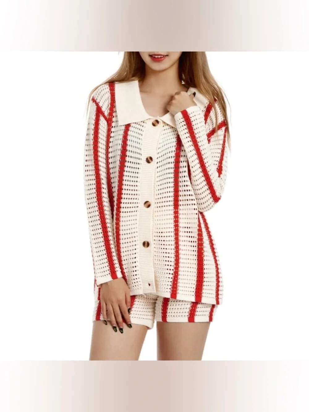 Red & white striped crochet knit button cardigan & high waist short matching set